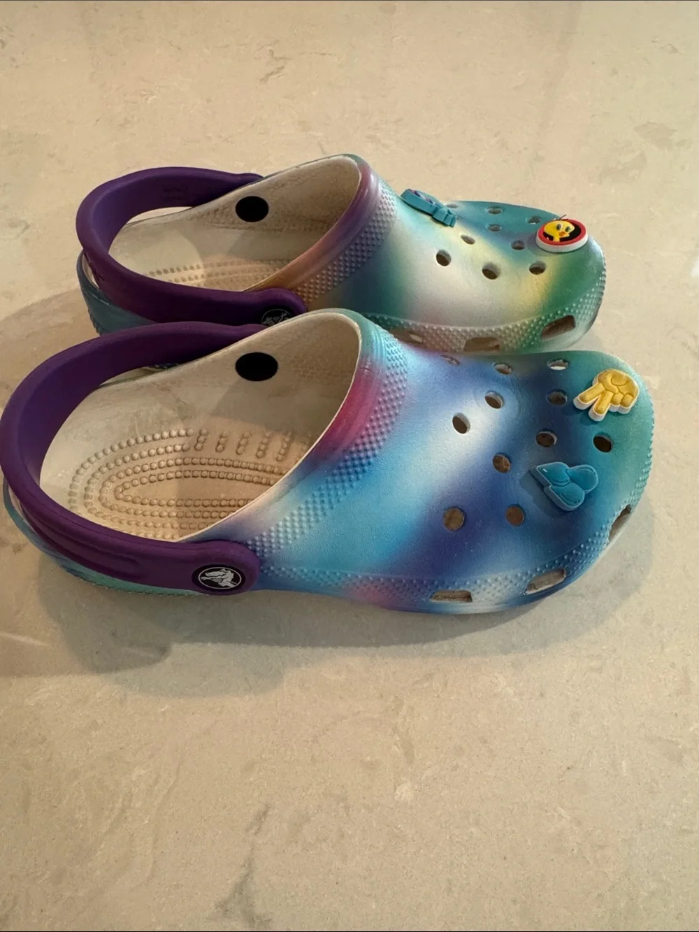 CROCS Classic Kids Tie-Dye Clogs with Purple Heel Strap Size J4